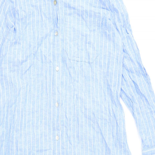 Marks and Spencer Womens Blue Striped Linen Shirt Dress Size 14 Collared Button