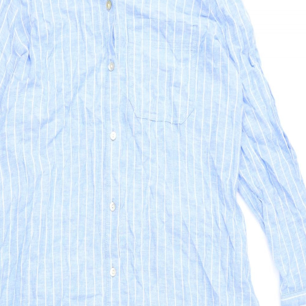 Marks and Spencer Womens Blue Striped Linen Shirt Dress Size 14 Collared Button