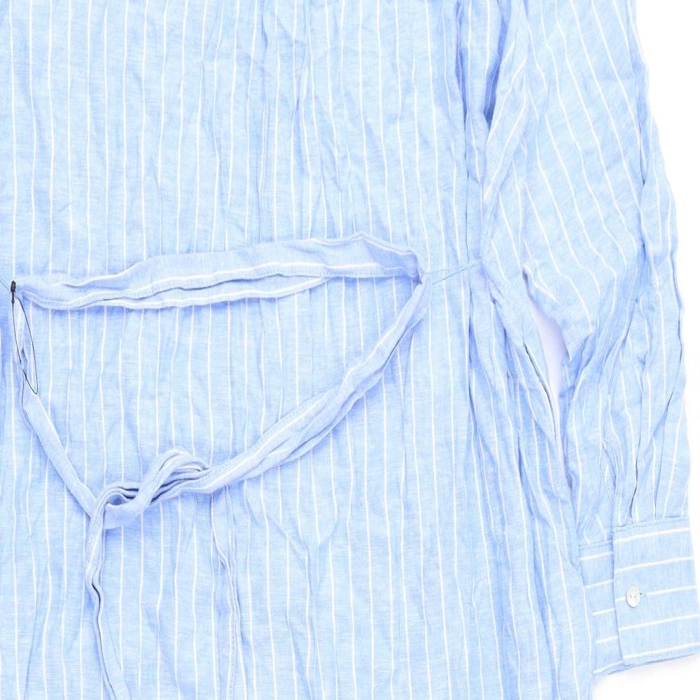 Marks and Spencer Womens Blue Striped Linen Shirt Dress Size 14 Collared Button