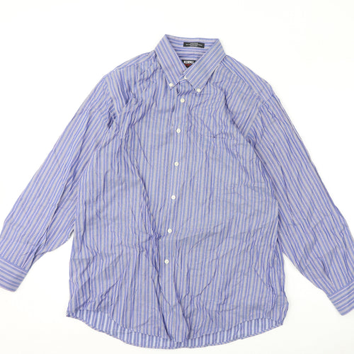 Kirkland Mens Blue Striped Polyester Button-Up Size 16.5 Collared Button