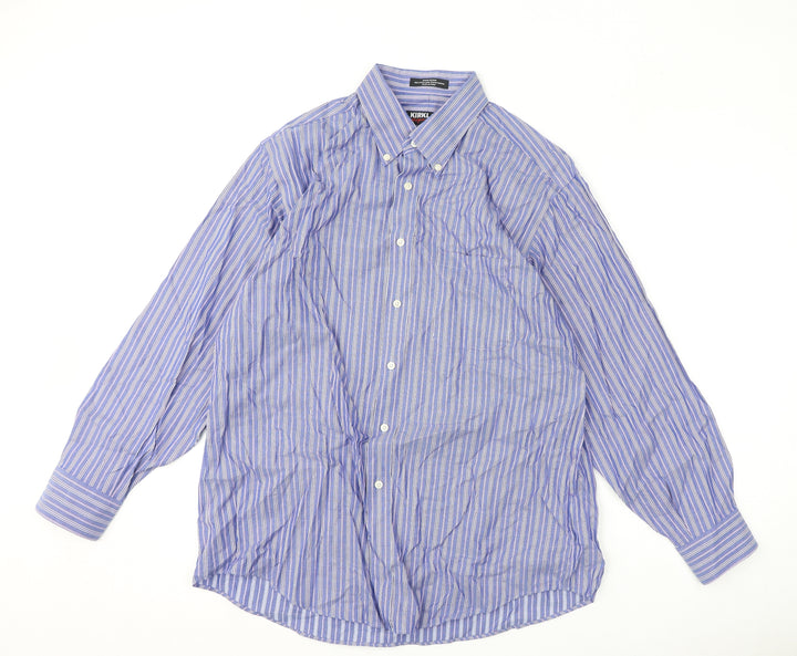 Kirkland Mens Blue Striped Polyester Button-Up Size 16.5 Collared Button