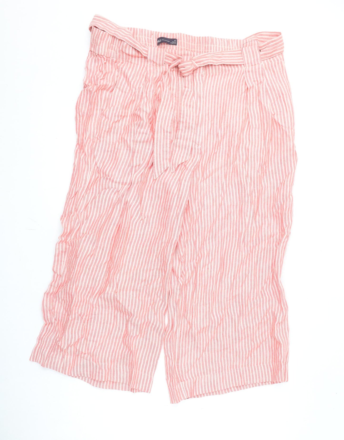 Marks and Spencer Womens Pink Striped Linen Cropped Trousers Size 20 L21 in Regular Zip
