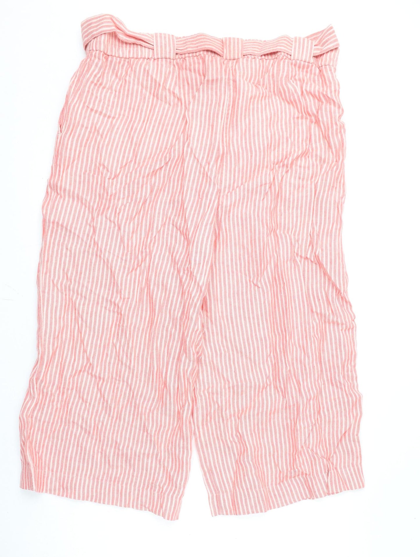 Marks and Spencer Womens Pink Striped Linen Cropped Trousers Size 20 L21 in Regular Zip