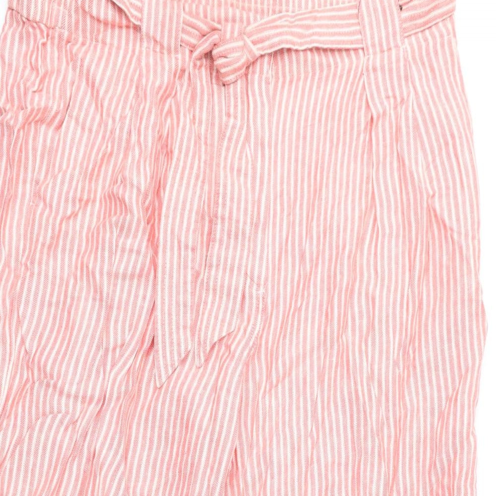 Marks and Spencer Womens Pink Striped Linen Cropped Trousers Size 20 L21 in Regular Zip