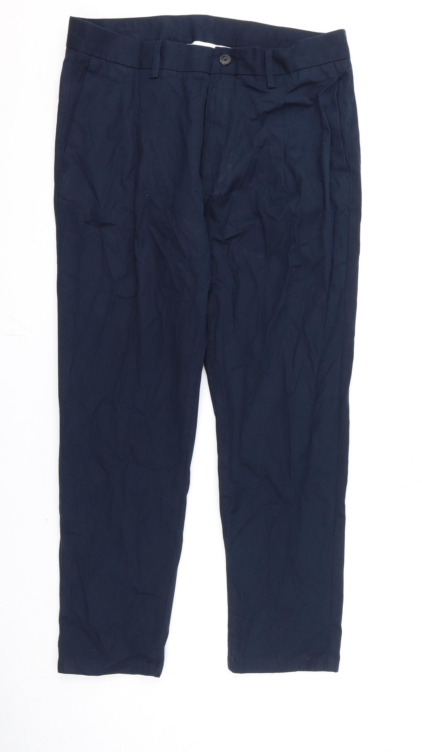 Marks and Spencer Mens Blue Cotton Trousers Size 34 in L29 in Regular Zip