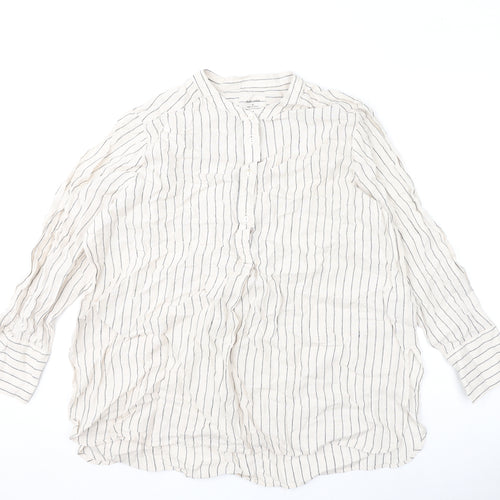 Marks and Spencer Womens Beige Striped Linen Basic Blouse Size 20 Round Neck
