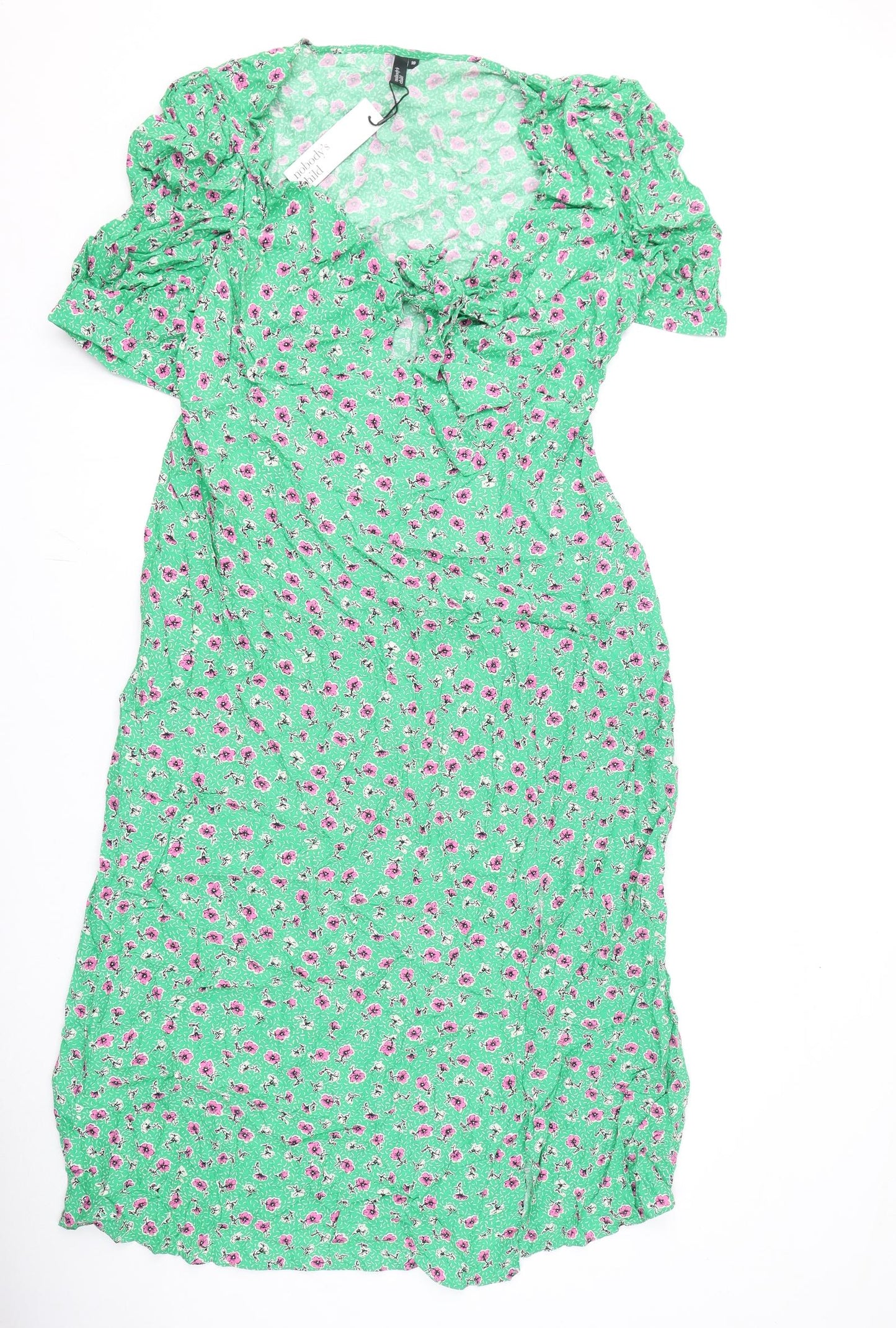 Nobody's Child Womens Green Floral Viscose A-Line Size 18 V-Neck Zip - Tie Detail