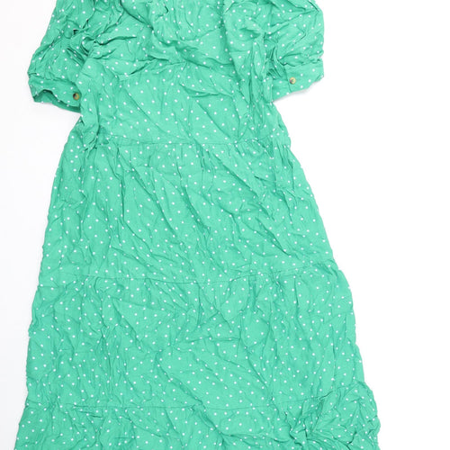 Marks and Spencer Womens Green Polka Dot Viscose A-Line Size 14 V-Neck Button