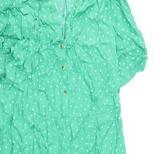 Marks and Spencer Womens Green Polka Dot Viscose A-Line Size 14 V-Neck Button