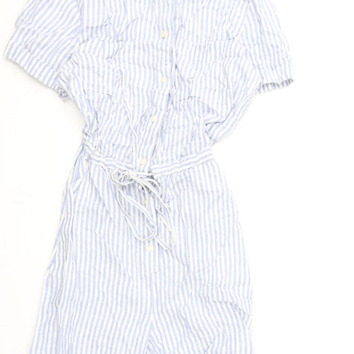 Marks and Spencer Womens Blue Striped Linen Romper One-Piece Size 12 L3 in Button