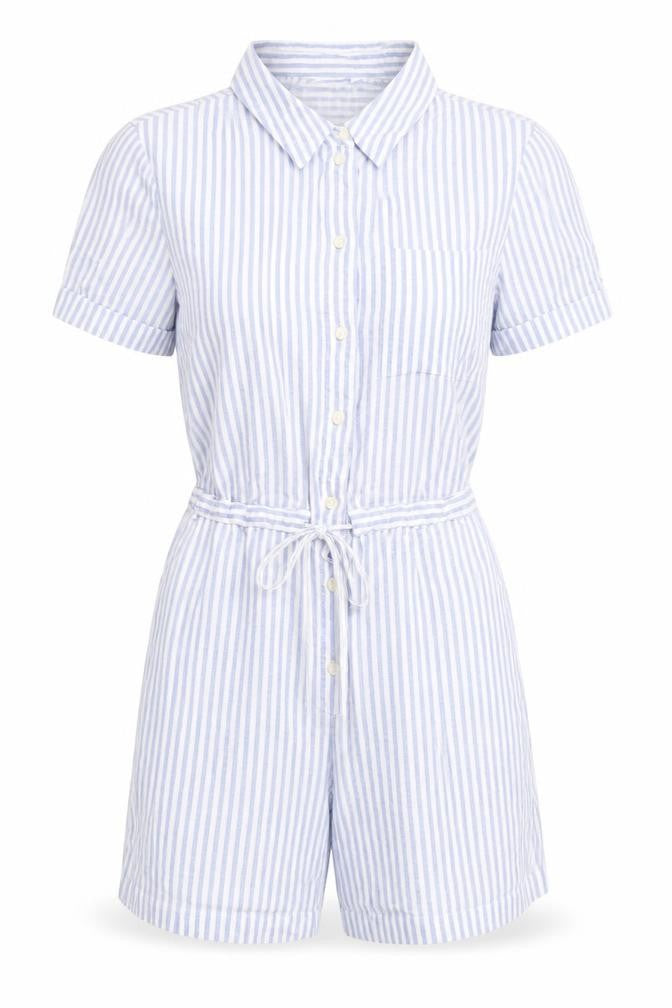 Marks and Spencer Womens Blue Striped Linen Romper One-Piece Size 12 L3 in Button