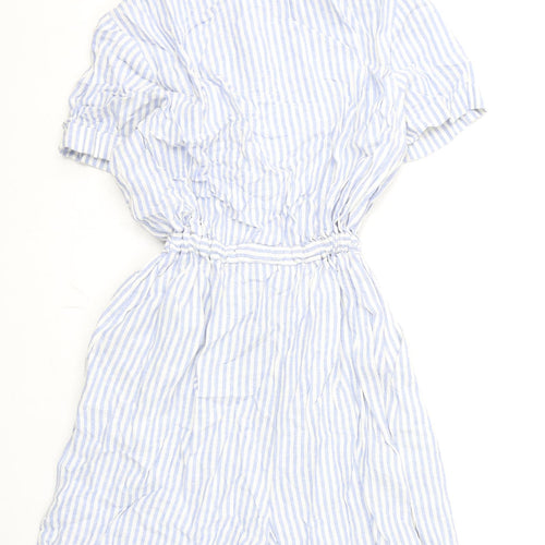 Marks and Spencer Womens Blue Striped Linen Romper One-Piece Size 12 L3 in Button