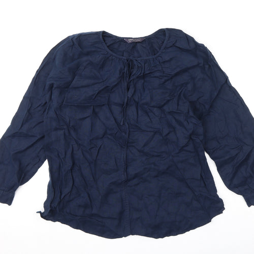 marks Womens Blue Linen Basic Blouse Size 12 Round Neck