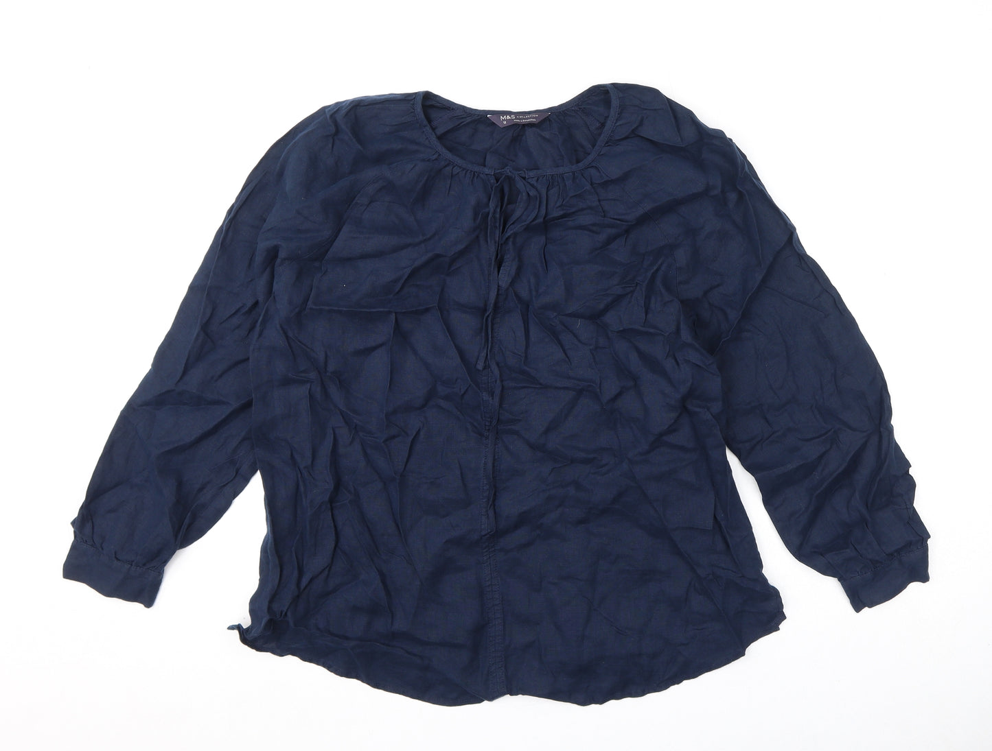 marks Womens Blue Linen Basic Blouse Size 12 Round Neck
