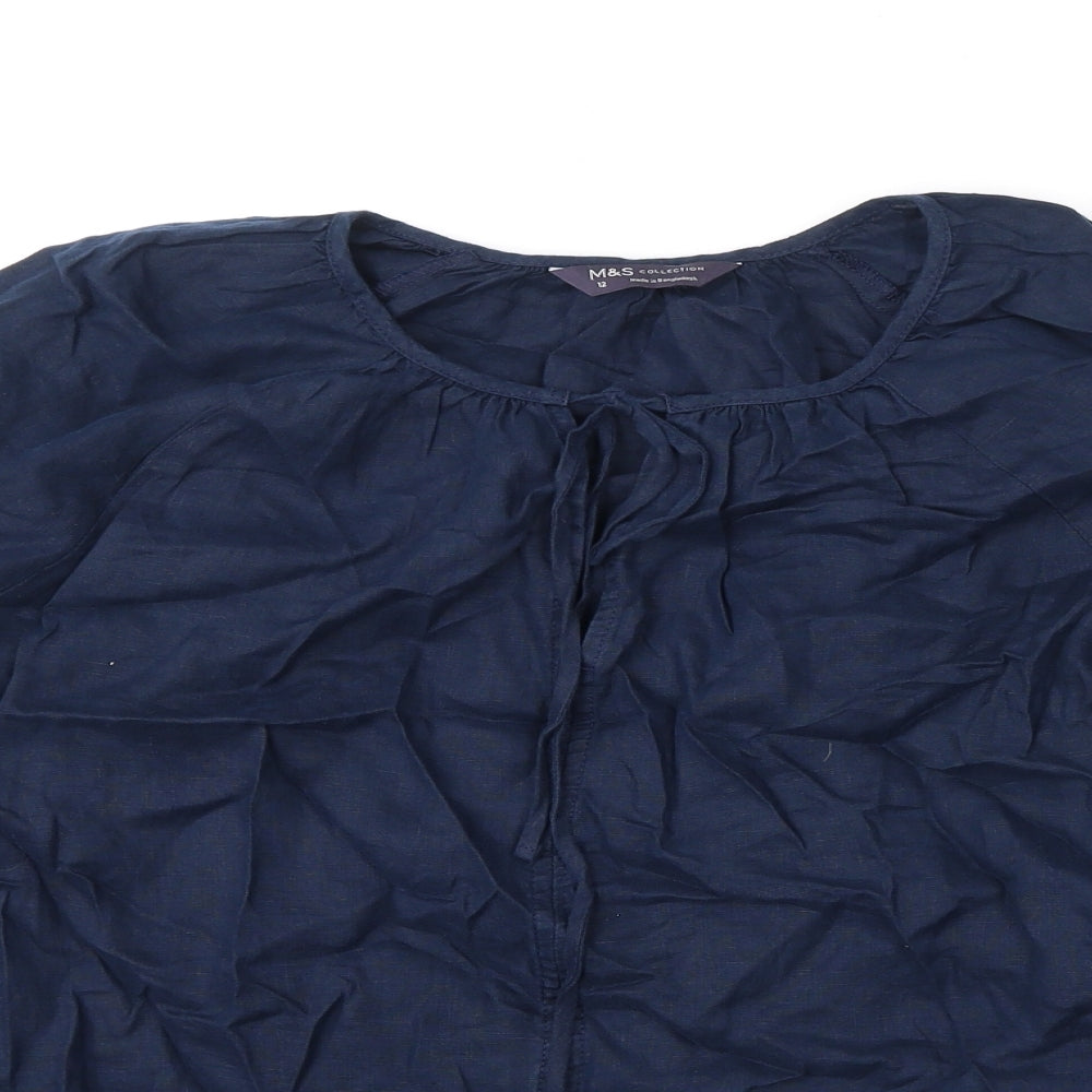 marks Womens Blue Linen Basic Blouse Size 12 Round Neck