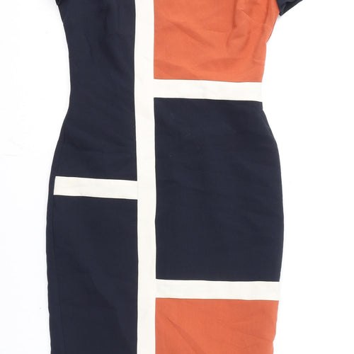 Marks and Spencer Womens Blue Geometric Polyester Pencil Dress Size 8 Round Neck Zip - Slit