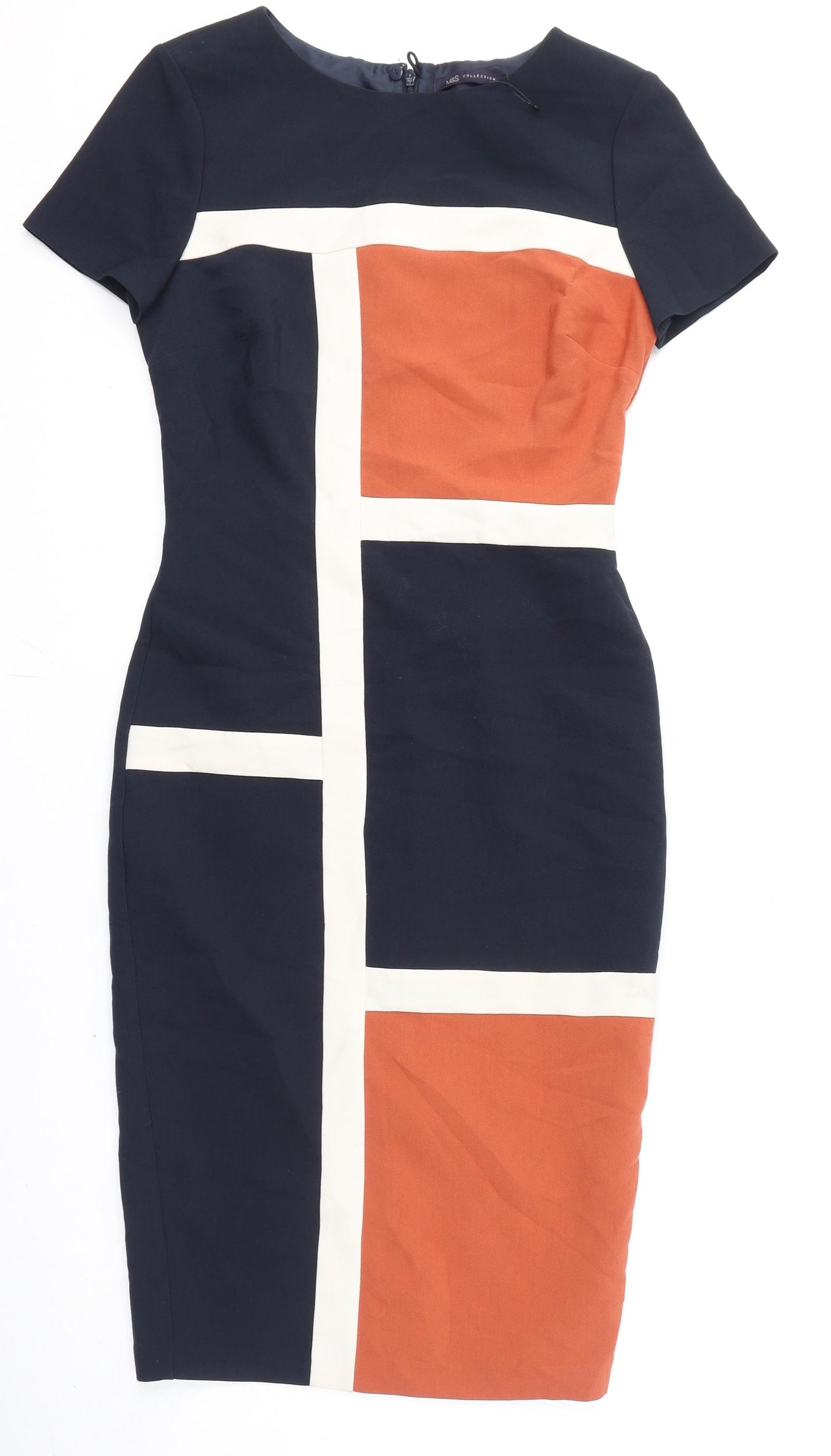 Marks and Spencer Womens Blue Geometric Polyester Pencil Dress Size 8 Round Neck Zip - Slit