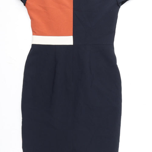 Marks and Spencer Womens Blue Geometric Polyester Pencil Dress Size 8 Round Neck Zip - Slit