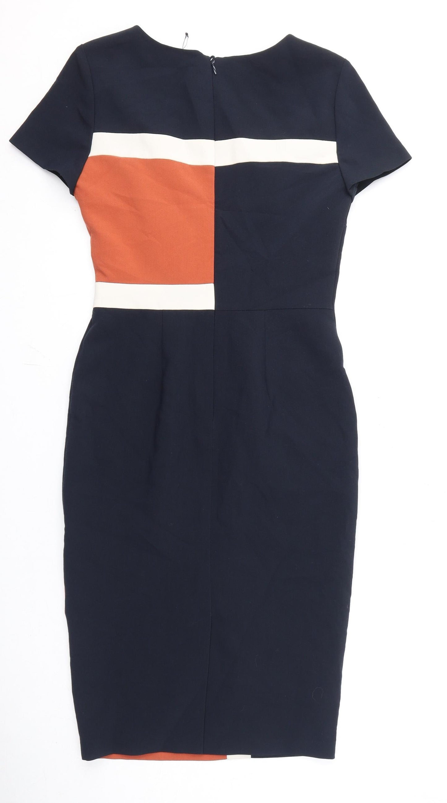 Marks and Spencer Womens Blue Geometric Polyester Pencil Dress Size 8 Round Neck Zip - Slit