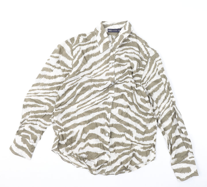 Marks and Spencer Womens Brown Animal Print 100% Cotton Basic Button-Up Size 6 Collared - Tiger Print