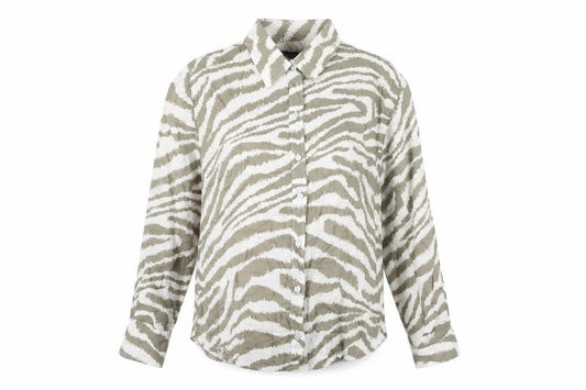 Front view of Marks & Spencer women’s brown animal print 100% cotton basic button-up, size UK 6, collared - tiger print