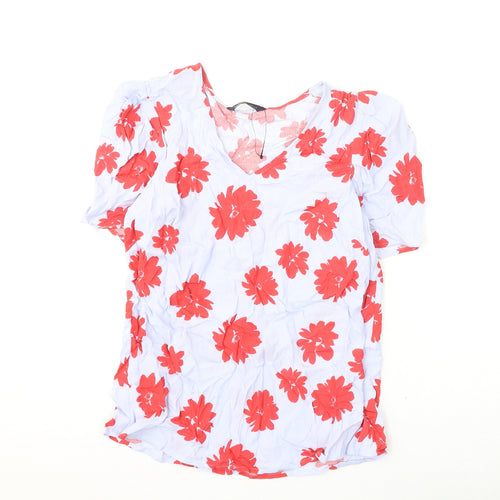 Marks and Spencer Womens Blue Floral Viscose Basic Blouse Size 10 V-Neck