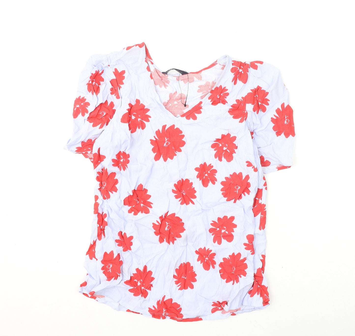 Marks and Spencer Womens Blue Floral Viscose Basic Blouse Size 10 V-Neck