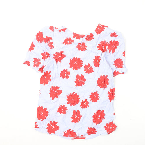 Marks and Spencer Womens Blue Floral Viscose Basic Blouse Size 10 V-Neck