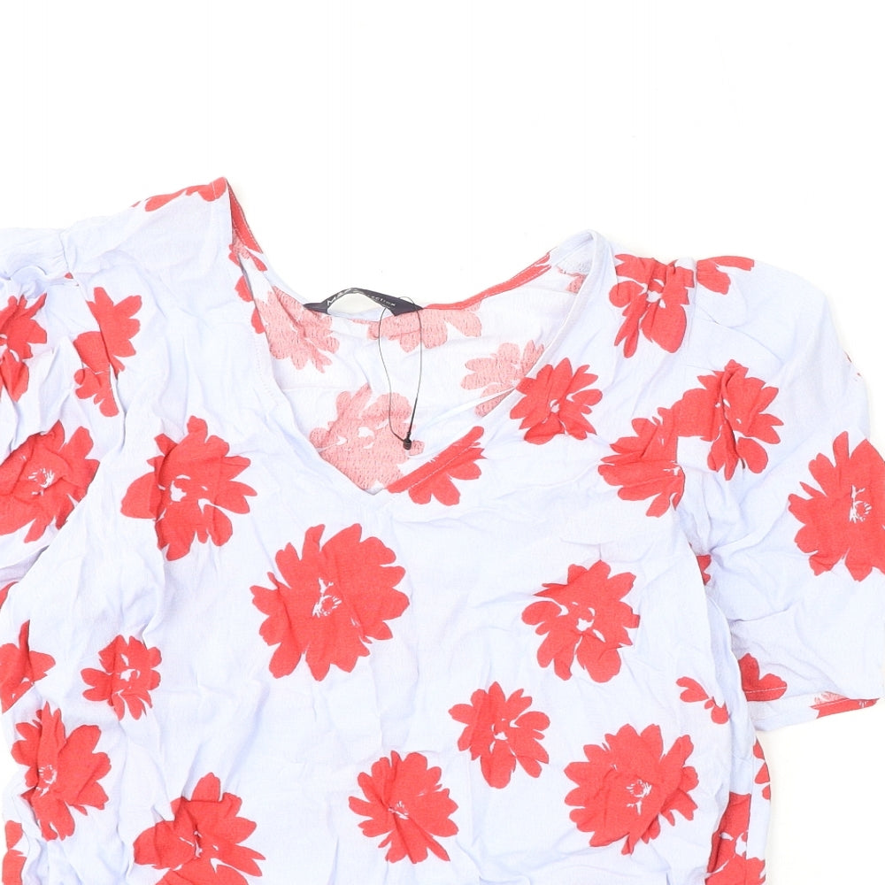 Marks and Spencer Womens Blue Floral Viscose Basic Blouse Size 10 V-Neck
