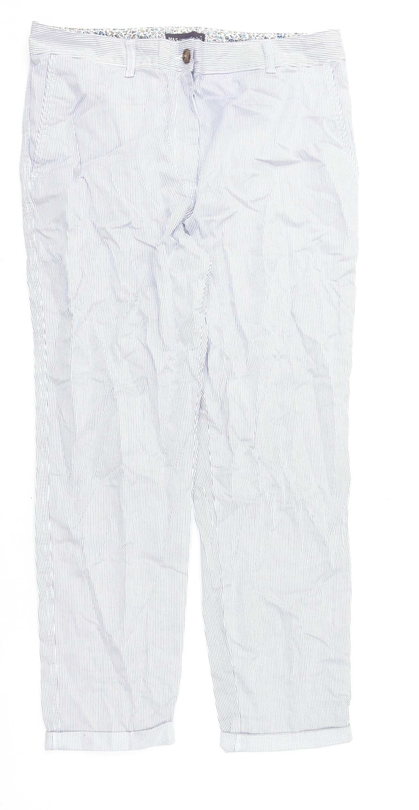 Marks and Spencer Womens Blue Striped Cotton Chino Trousers Size 14 L27 in Regular Zip