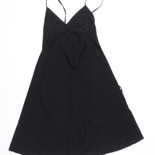 Zara Womens Black Polyester A-Line Size S V-Neck Tie - Floral Embroidery