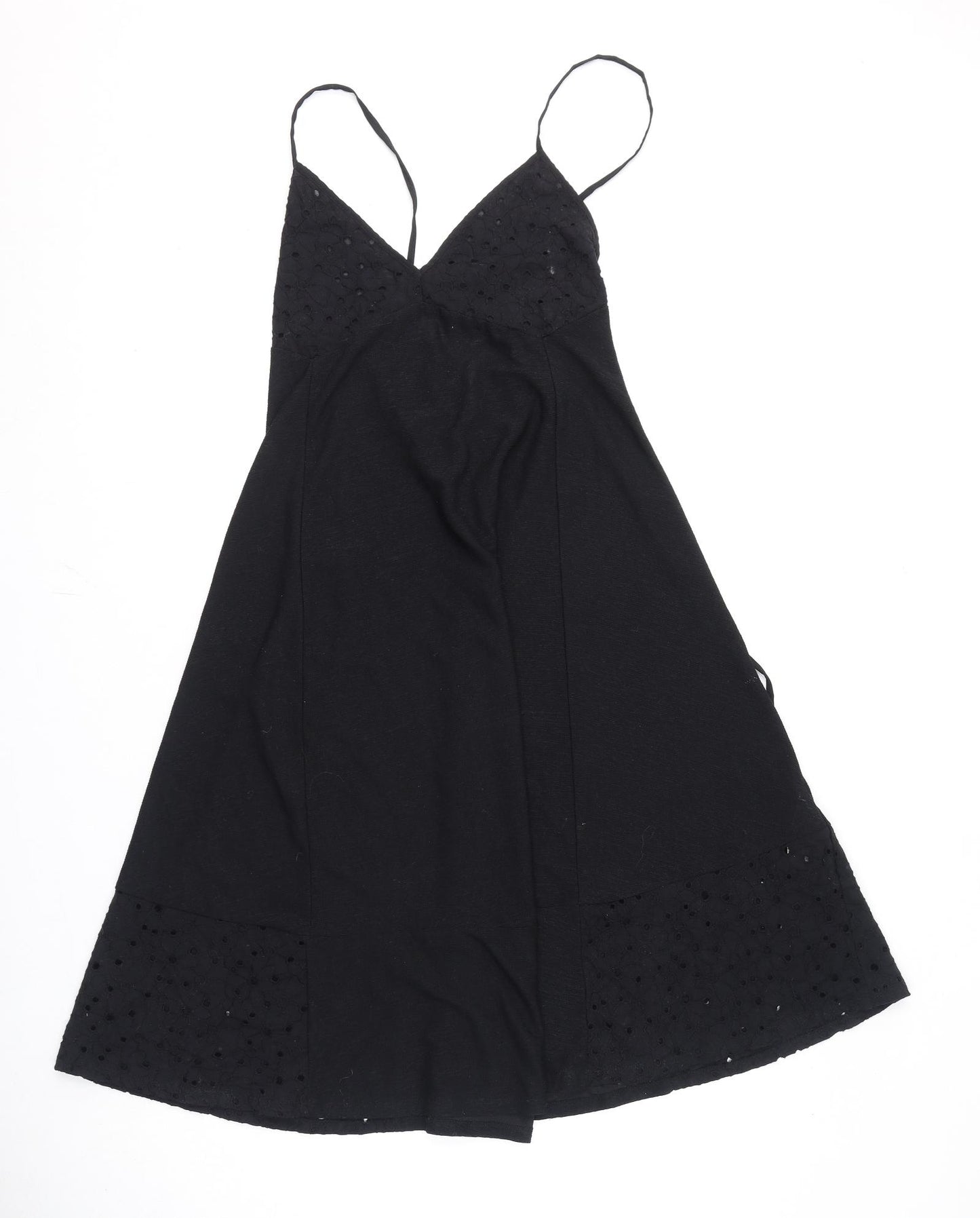 Zara Womens Black Polyester A-Line Size S V-Neck Tie - Floral Embroidery
