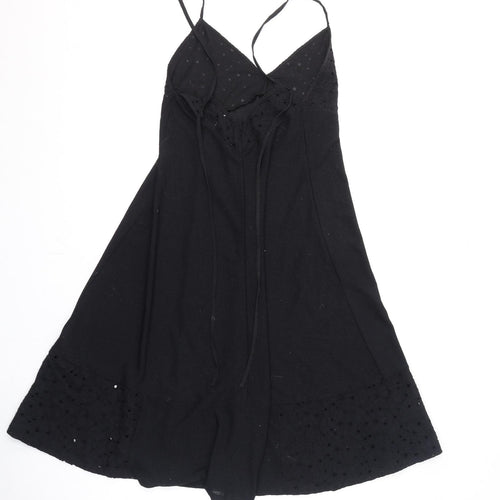 Zara Womens Black Polyester A-Line Size S V-Neck Tie - Floral Embroidery
