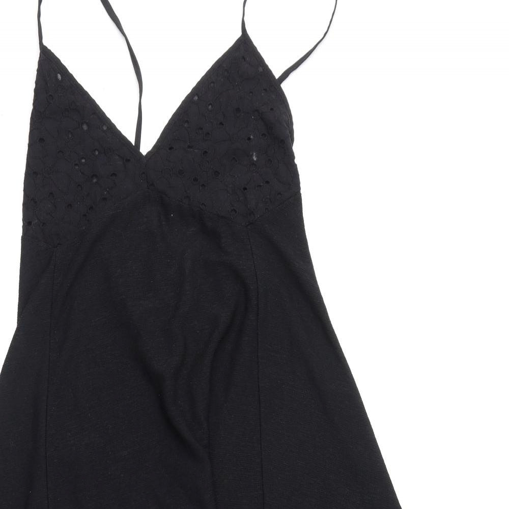 Zara Womens Black Polyester A-Line Size S V-Neck Tie - Floral Embroidery