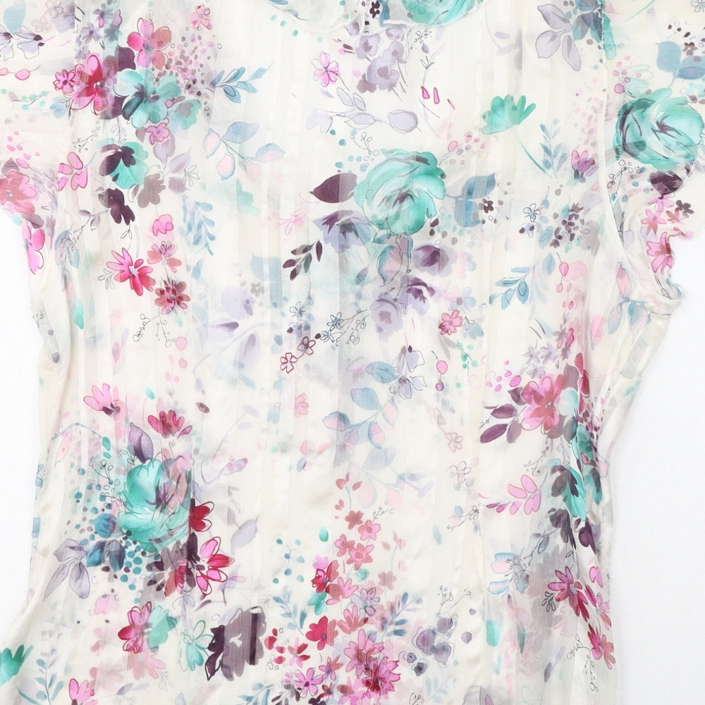 Per Una Womens White Striped Silk Basic Blouse Size 14 V-Neck - Floral Pattern