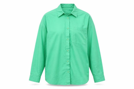 Front view of Cotton Traders women’s green 100% cotton basic button-up, size UK 10, collared