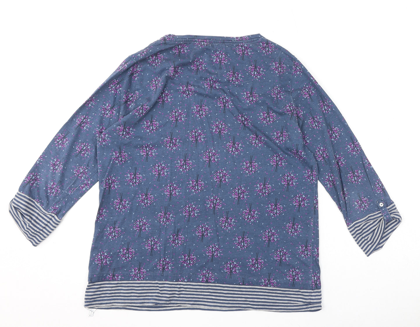 EWM Womens Blue Geometric 100% Cotton Basic T-Shirt Size M Round Neck - Stripes, Trees