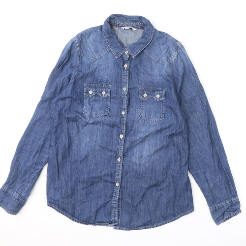 TU Womens Blue 100% Cotton Basic Button-Up Size 14 Collared