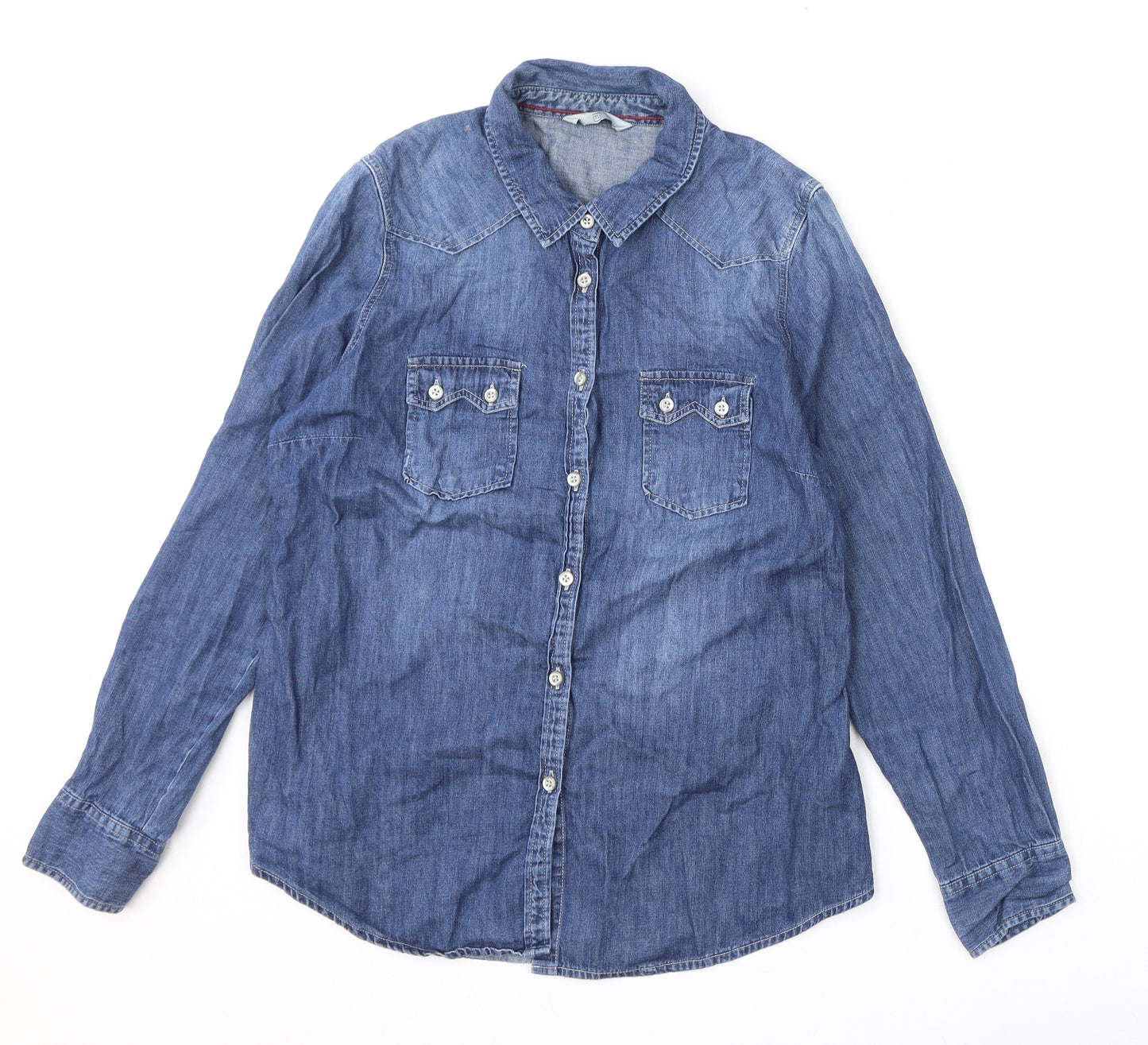 TU Womens Blue 100% Cotton Basic Button-Up Size 14 Collared