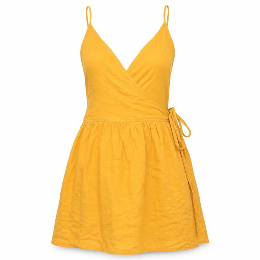 Front view of ASOS women’s yellow 100% cotton wrap dress, size UK 10, v-neck tie