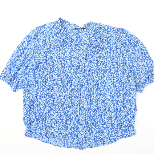 Marks and Spencer Womens Blue Geometric Viscose Basic Blouse Size 14 V-Neck