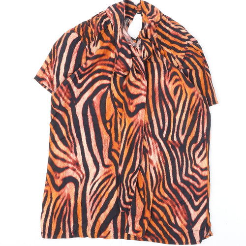Madeleine Womens Orange Animal Print Viscose Basic Blouse Size 8 Round Neck - Tiger Print, Tie Detail