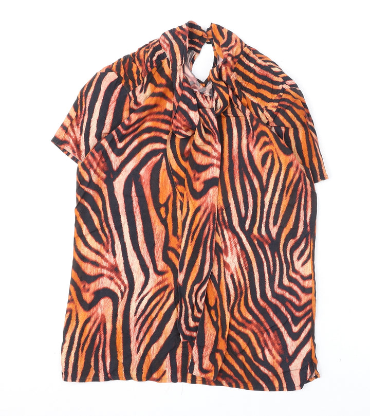Madeleine Womens Orange Animal Print Viscose Basic Blouse Size 8 Round Neck - Tiger Print, Tie Detail
