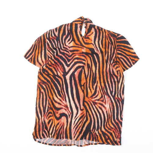 Madeleine Womens Orange Animal Print Viscose Basic Blouse Size 8 Round Neck - Tiger Print, Tie Detail