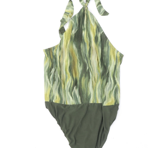 Boohoo Womens Green Geometric Polyester Bodysuit One-Piece Size 16 Snap - Tie Neck
