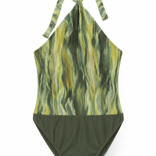 Boohoo Womens Green Geometric Polyester Bodysuit One-Piece Size 16 Snap - Tie Neck