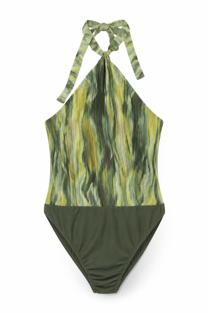 Boohoo Womens Green Geometric Polyester Bodysuit One-Piece Size 16 Snap - Tie Neck