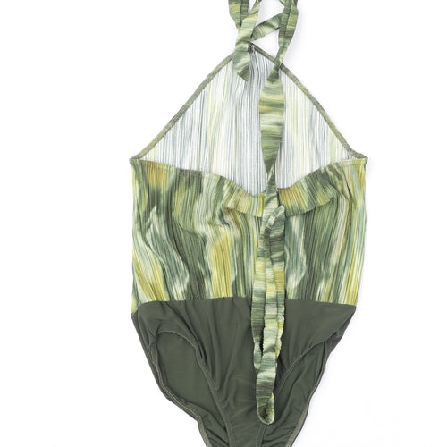 Boohoo Womens Green Geometric Polyester Bodysuit One-Piece Size 16 Snap - Tie Neck