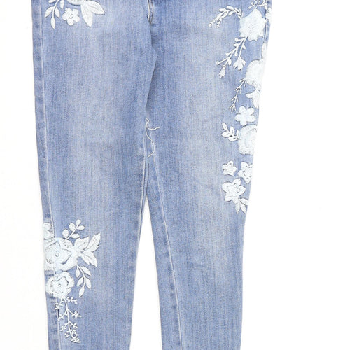 Denim & Co. Womens Blue Cotton Skinny Jeans Size 10 L25 in Regular Zip - Floral Embroidery