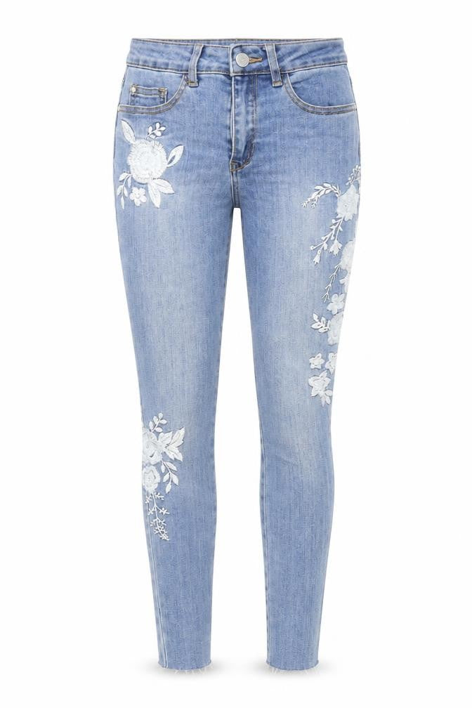 Denim & Co. Womens Blue Cotton Skinny Jeans Size 10 L25 in Regular Zip - Floral Embroidery